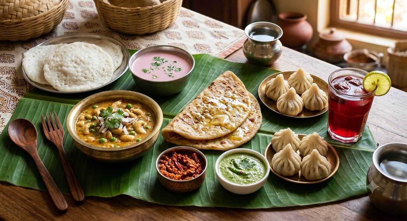 Home-style veg Konkani thali with rice, modak, sol kadhi, amboli and chutney